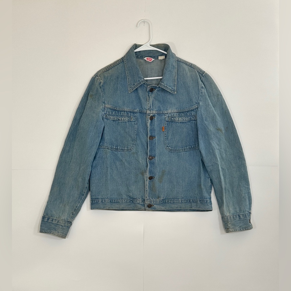 Vintage 70s Levis Orange Tab Denim Jacket Shirt Men Large USA Rock Band Patches